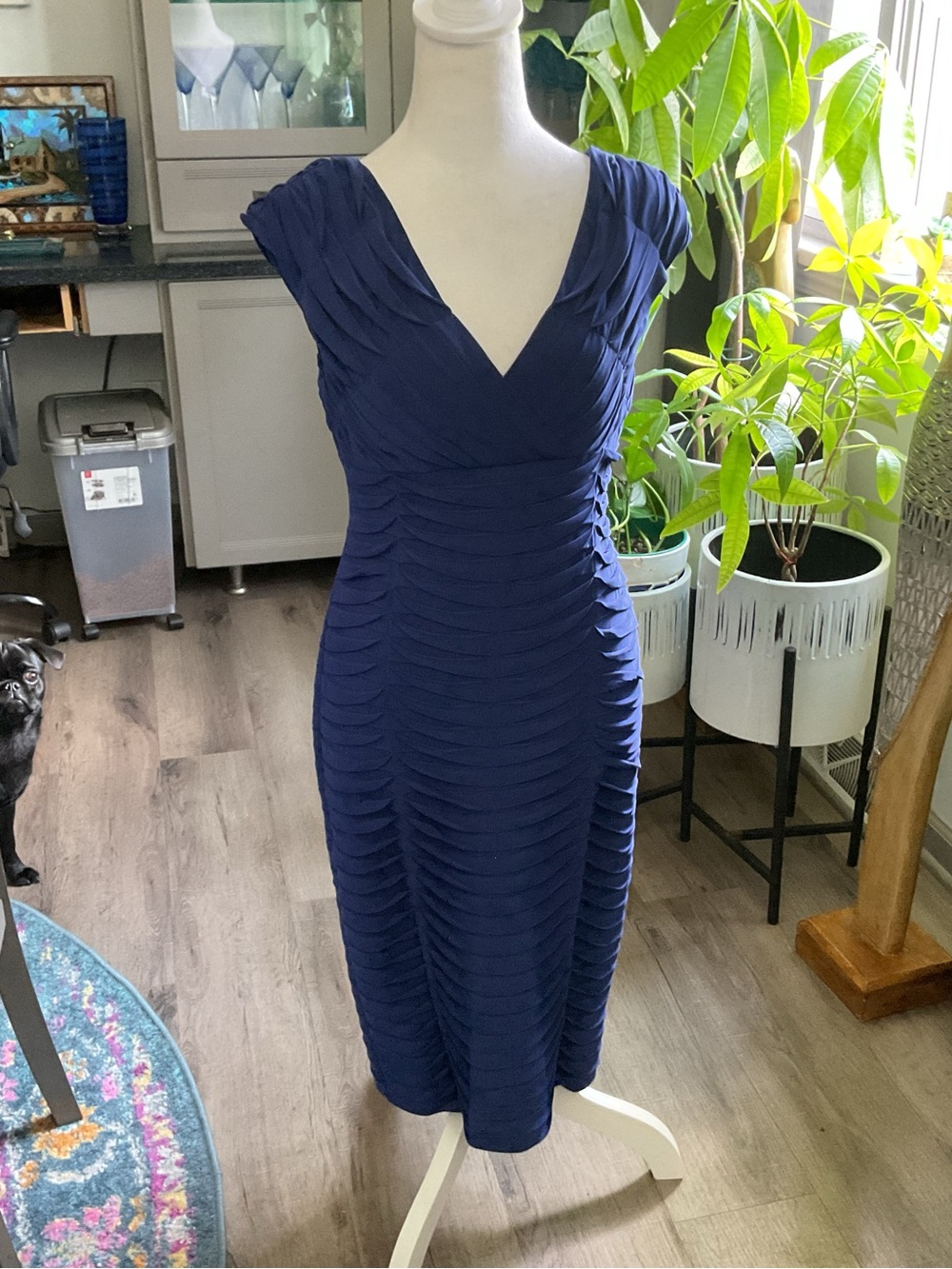 Adrianna Papell Navy Textured V-Neck Midi Dress